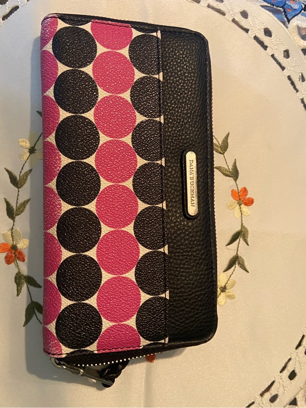 Dana Buchman Pink and Black Polka Dot Zip Wallet